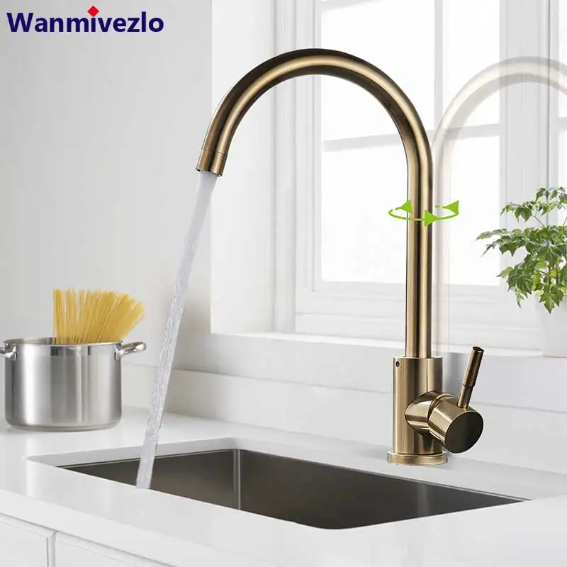 Фото Brushed Gold kitchen Faucets 360 Rotation Kitchen Faucet Stainless Steel Lead Free Bathroom Sink Single Handle Mixer Tap | Обустройство