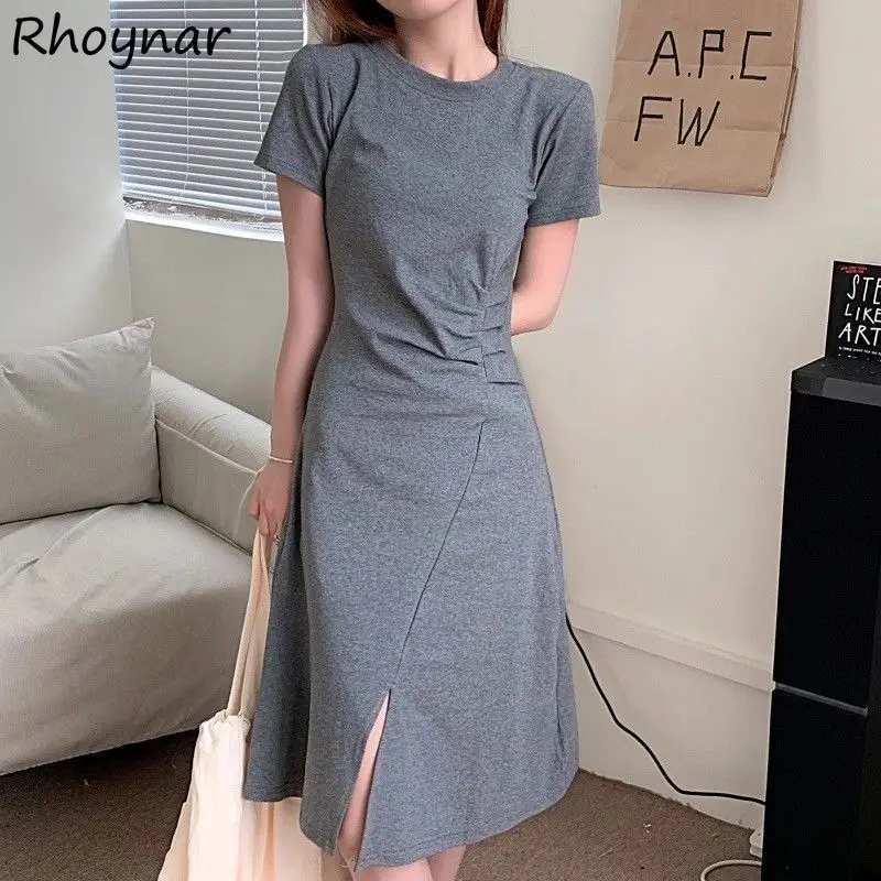 

Dress Women Folds O-neck Side-slit Ladies Elegant Vintage College All-match Casual Knee-length Solid Cozy Korean Style Summer