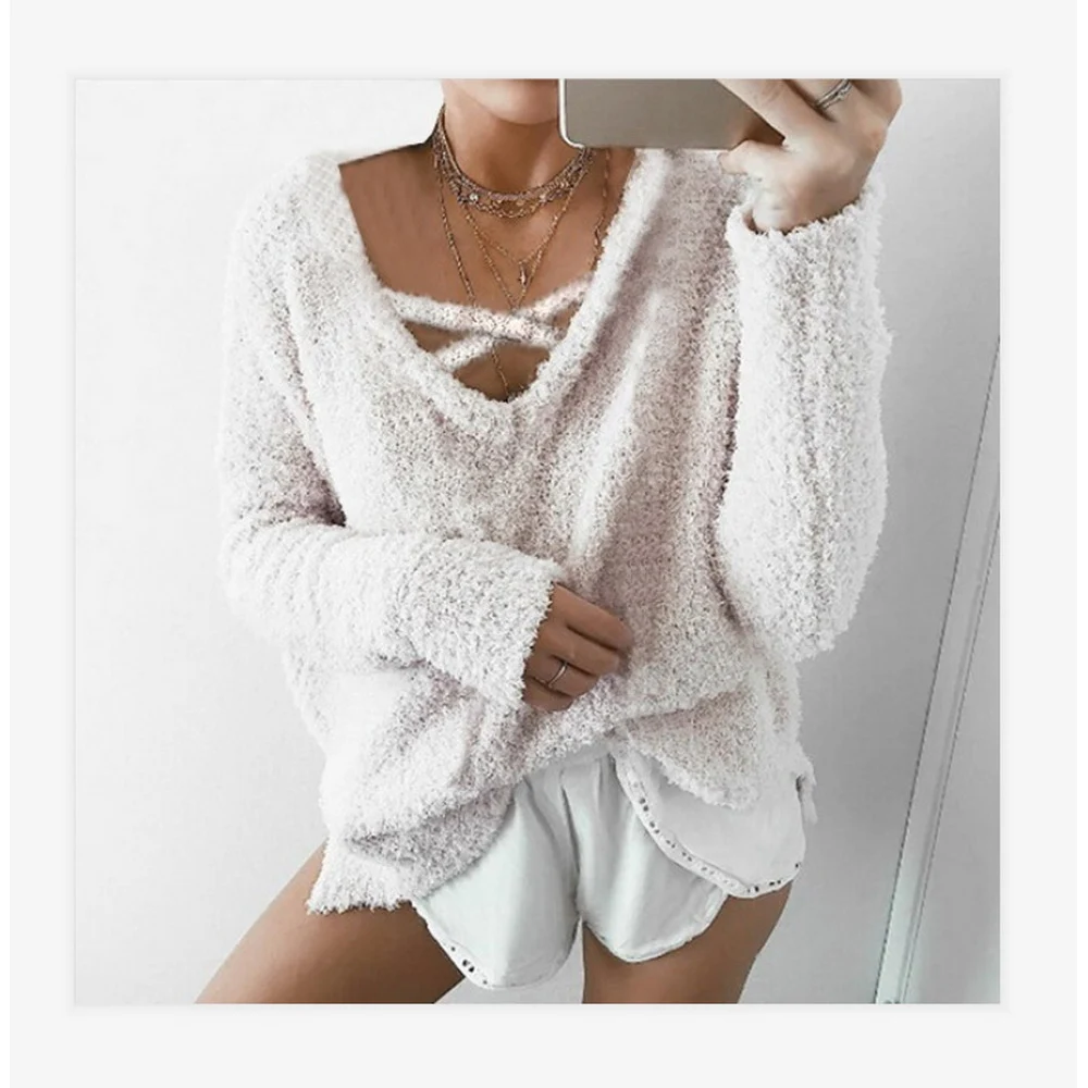 Oeak Women's Autumn Mohair Sweater Pullover V-neck Long Sleeve Casual Cross Strap Solid Color Slim Simple Top 2019 
Oeak Women's Autumn Mohair Sweater Pullover V-neck Long Sleeve Casual Cross Strap Solid Color Slim Simple Top 2019