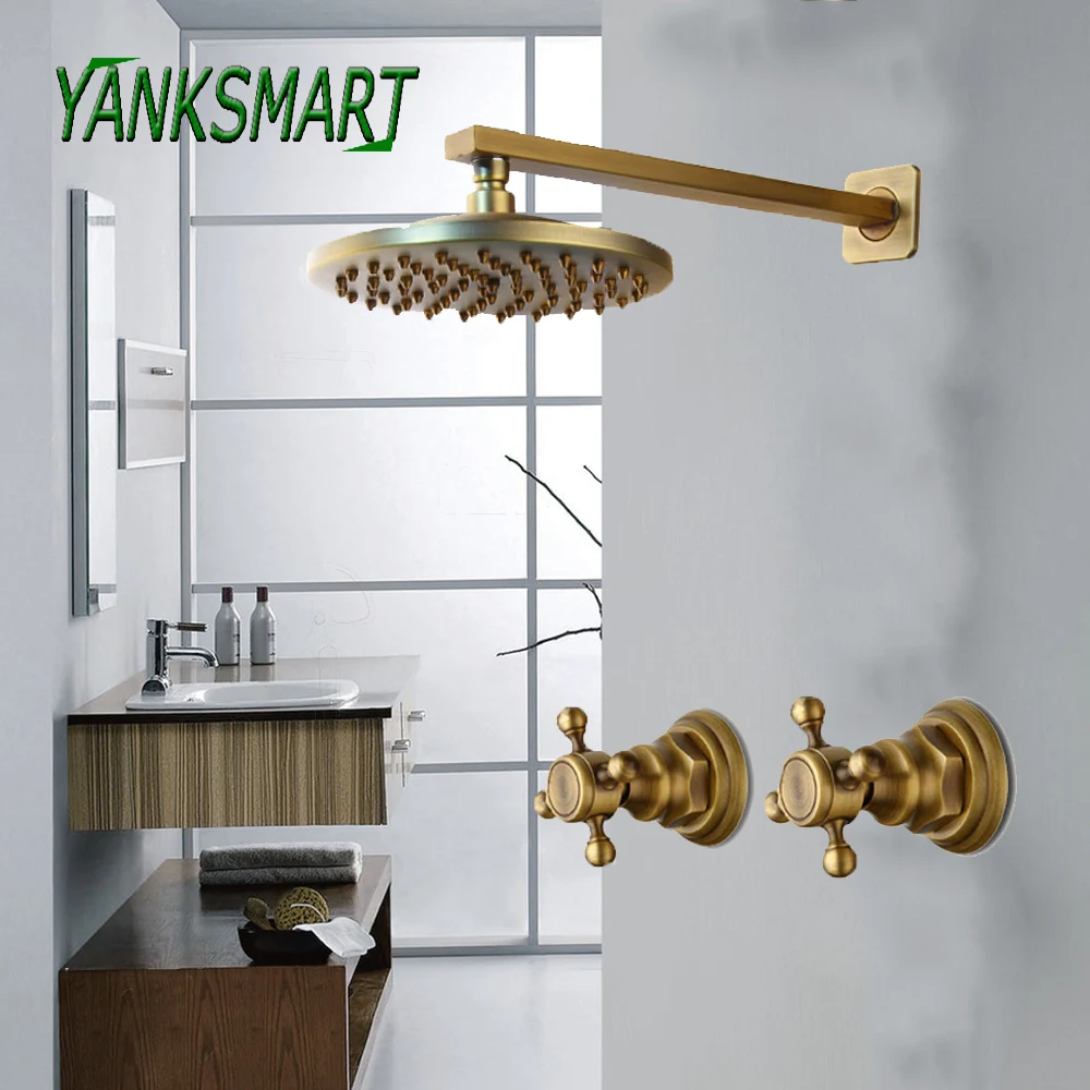 

YANKSMART Bathroom Rainfall Shower Faucets 8 Inch Antique Brass Round Wall Mounted Faucet Sets Dual Handles Mixer Tap