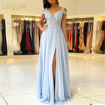 

BeryLove Light Blue Lace Bridesmaid Dresses 2020 Chiffon High Slit Side Sleeves Appliques Long Party Guest Wedding Party Gown