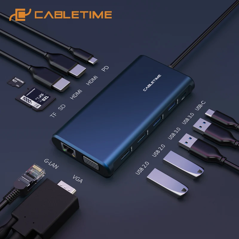 CABLETIME HUB USB C to 2*HDMI USB 3.0 PD Charging VGA Card Reader RJ45 USB C Date Transfer for Macbook X 13 Matebook C258
CABLETIME HUB USB C to 2*HDMI USB 3.0 PD Charging VGA Card Reader RJ45 USB C Date Transfer for Macbook X 13 Matebook C258