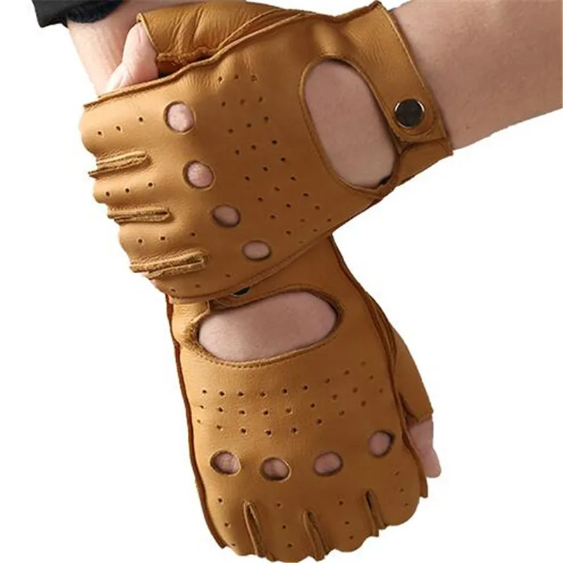 

Genuine Leather Half Finger Gloves Men Summer Breathable Driving Semi-Finger Male Sheepskin Glove Unlined Fitness