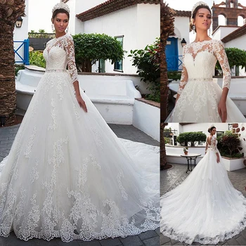 Gorgeous Tulle Jewel Neckline A-line Wedding Dress With Fully Lace Appliques Beadings Belt 3/4 Sleeves Bridal Gowns
Gorgeous Tulle Jewel Neckline A-line Wedding Dress With Fully Lace Appliques Beadings Belt 3/4 Sleeves Bridal Gowns