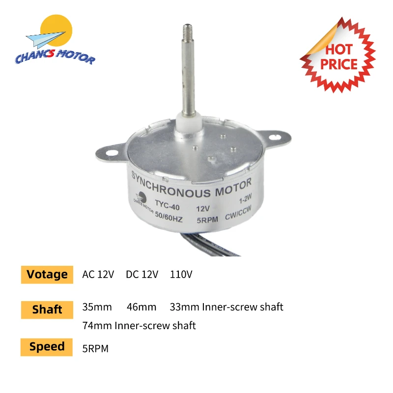 CHANCS Synchronous Motor TYC-40 AC 12V 110V 5RPM DC Motor Micro Electric Motor for Halloween Christmas Decoration
CHANCS Synchronous Motor TYC-40 AC 12V 110V 5RPM DC Motor Micro Electric Motor for Halloween Christmas Decoration