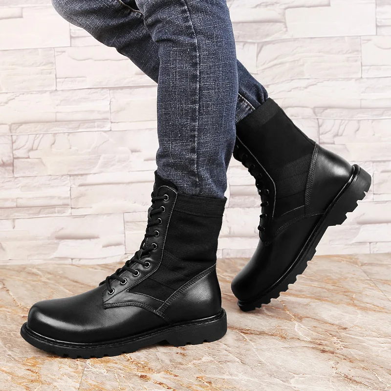 Martin Boots Autumn And Winter Men Medeum Hight Leather Boots round-Toe Puncture-Proof Combat Boots Combat Boots plus Velvet War
