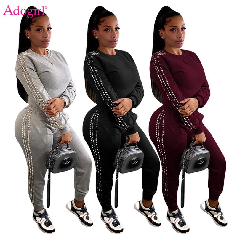 

Adogirl Pearls Beading Solid Two Piece Set Women Autumn Winter Tracksuit Long Sleeve Sweatshirts Top Pants Jogging Suits