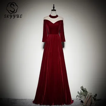 Skyyue Velour Solid Evening Dresses FR326 A-Line Long Party Dress High Collar Burgundy Robe De Soiree Long Sleeve Elegant Gowns 
Skyyue Velour Solid Evening Dresses FR326 A-Line Long Party Dress High Collar Burgundy Robe De Soiree Long Sleeve Elegant Gowns