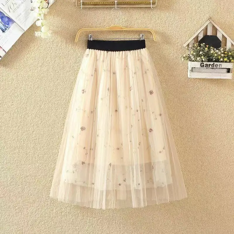 Фото New Floral Embroidery Tutu Lace Mesh Skirt Women Elegant A-line Club Tulle Long Pleated Party Midi Summer | Женская одежда