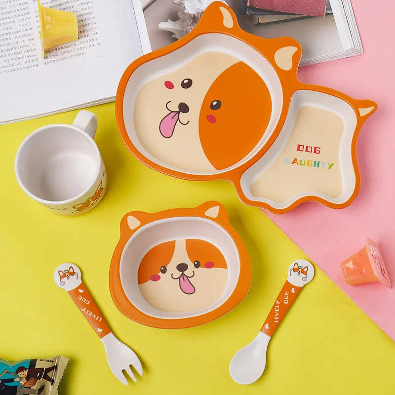 Five-Piece Suit Puppy Pattern Tableware Bamboo Plates For Food Baby Feeding Dishes Children Flat | Мать и ребенок
