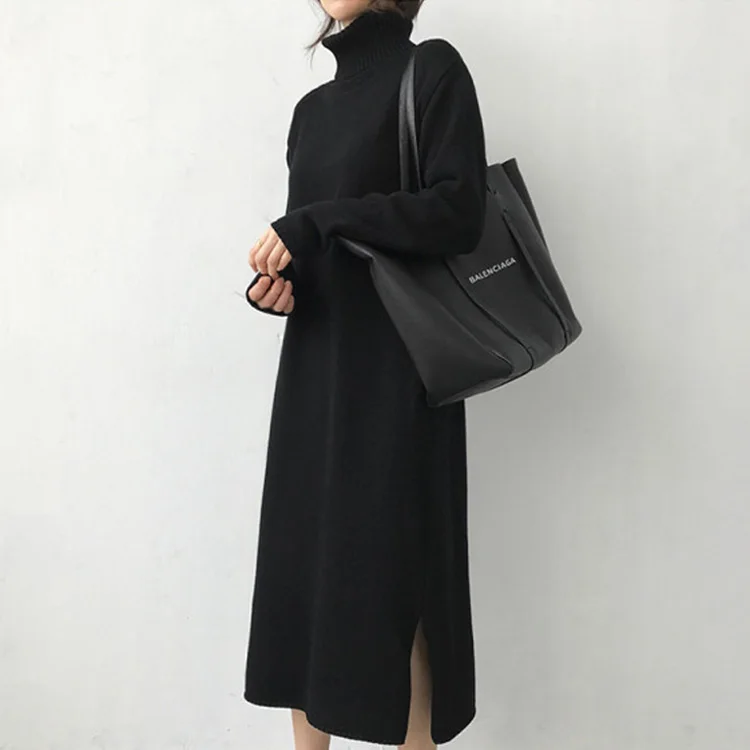 Теплая водолазка плотное вязаное зимнее черное платье свитер женские вязаные