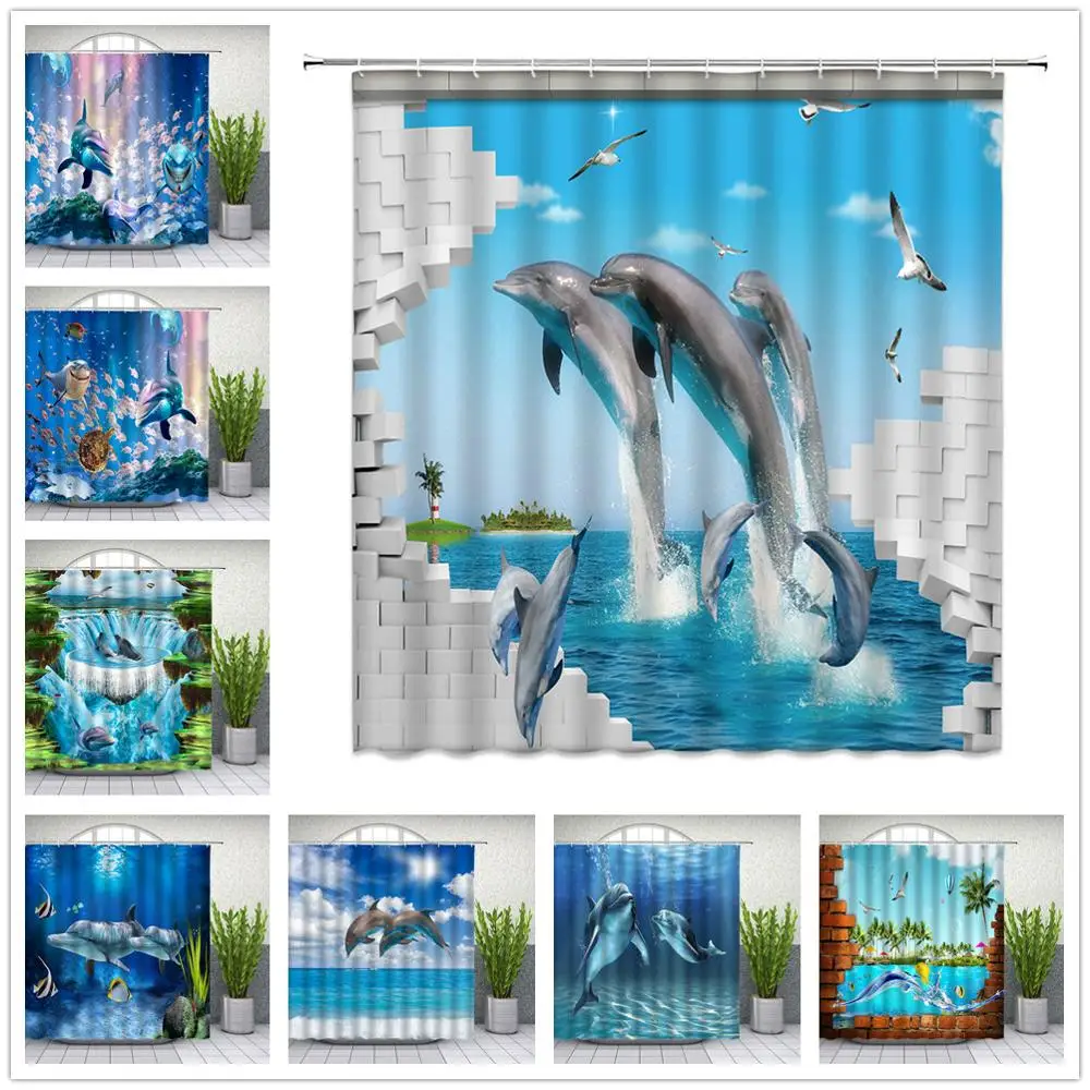

Dolphin Shower Curtains Set Cute Ocean Animal Shark Ocean Scenery Bathroom Decor Waterproof Polyester Cloth Curtain With Hooks