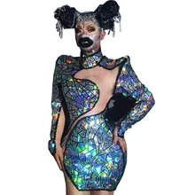 

Sparkly Sequined Perspective Gauze Dress Half High Collar Stretch Tight Asymmetrical Women Dress Singer Costumes DS Stage Wear