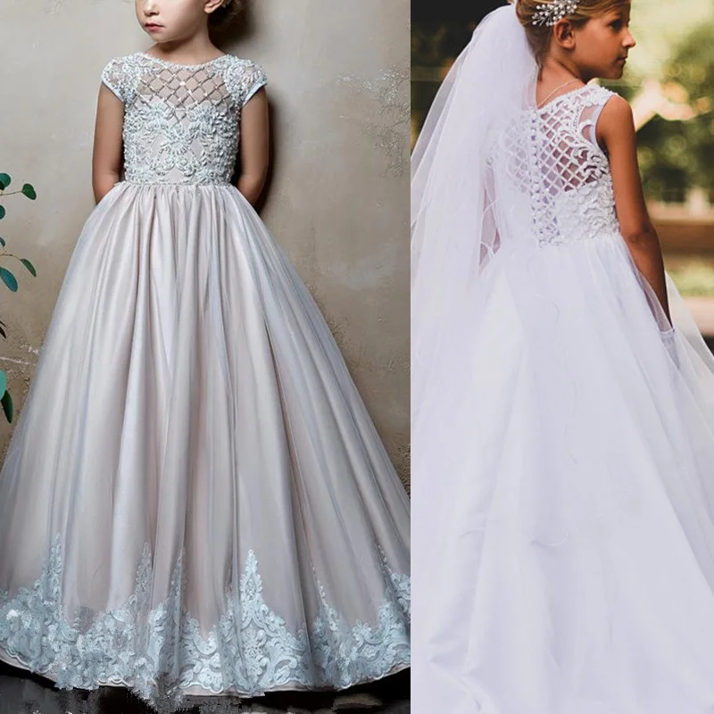 

New Real Image Flower Girl Dress With Lace Junior Bridesmaid Girl Dress First Communion Baptism Gowns