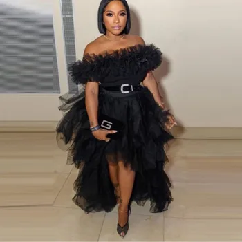 Prom Dresses Black Mesh abito da sera vestido longo Hi Low Evening Dress Tiered Lush Off Shoulder robe de soiree abendkleider
Prom Dresses Black Mesh abito da sera vestido longo Hi Low Evening Dress Tiered Lush Off Shoulder robe de soiree abendkleider