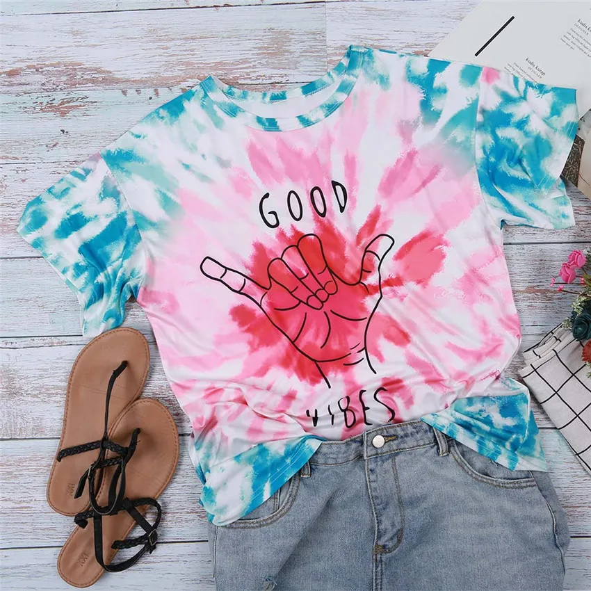 Fashion T-shirt Women Tie dyed Top Women Short Sleeve T Shirt Summer Cute Tops Tee Pink T Shirt Letter Print Top Lady Streetwear
Fashion T-shirt Women Tie dyed Top Women Short Sleeve T Shirt Summer Cute Tops Tee Pink T Shirt Letter Print Top Lady Streetwear