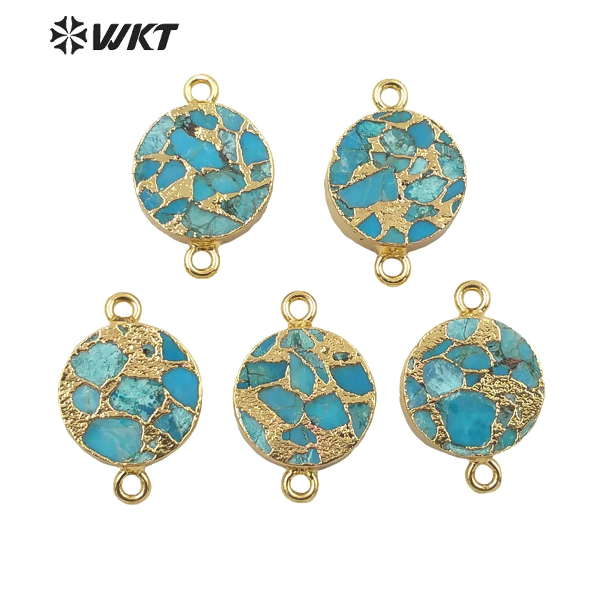

WT-C300 WKT Newest Natural copper Green stone connectors for jewelry bracelet and necklace double loops round stone pendant