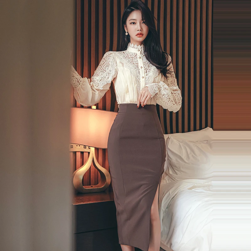 Fashion Women 2 PCS Set High Neck Lace Splicing Long Sleeve Shirt + Slit Skirt Spring Autumn Slim Fit 2PCS Suit 2022 Farmel |