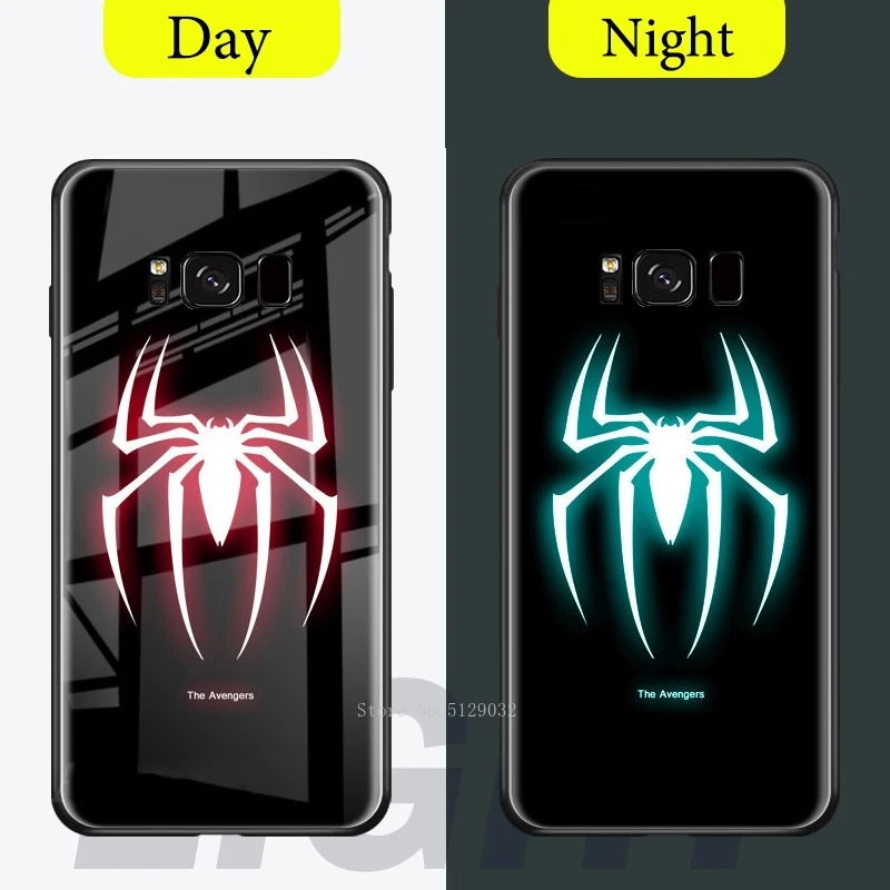 Marvel Avengers Spider Temper Glass LED Case for Coque Samsung galaxy s8 s9 s10 plus Note 8 9 Ironman Batman Logo Luminous Cover |