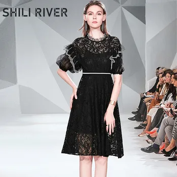 New summer knee length designer dress for women a line short sleeve slim casual elegant pleated vintage black white lace dress
New summer knee length designer dress for women a line short sleeve slim casual elegant pleated vintage black white lace dress