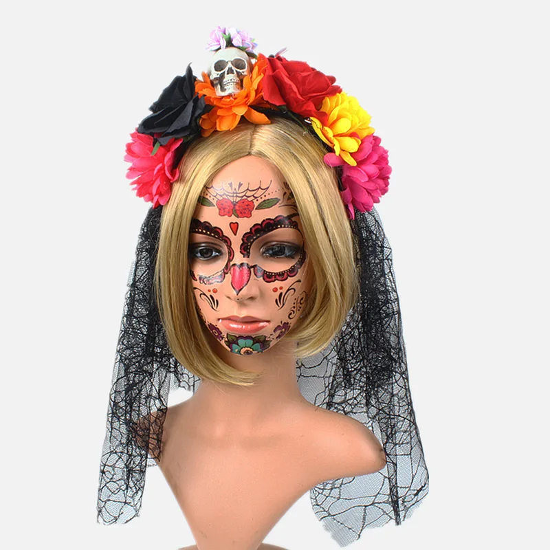 

Halloween spider web headband party skull headdress black and red simulation rose flower headband flower crown Fashion WOMEN