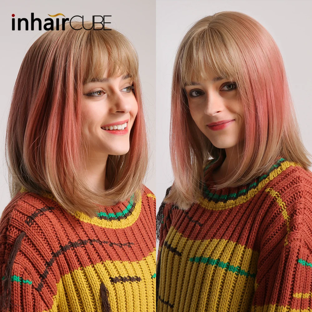 INHAIR CUBE 14 "женские розовые длинные прямые синтетические парики с челкой