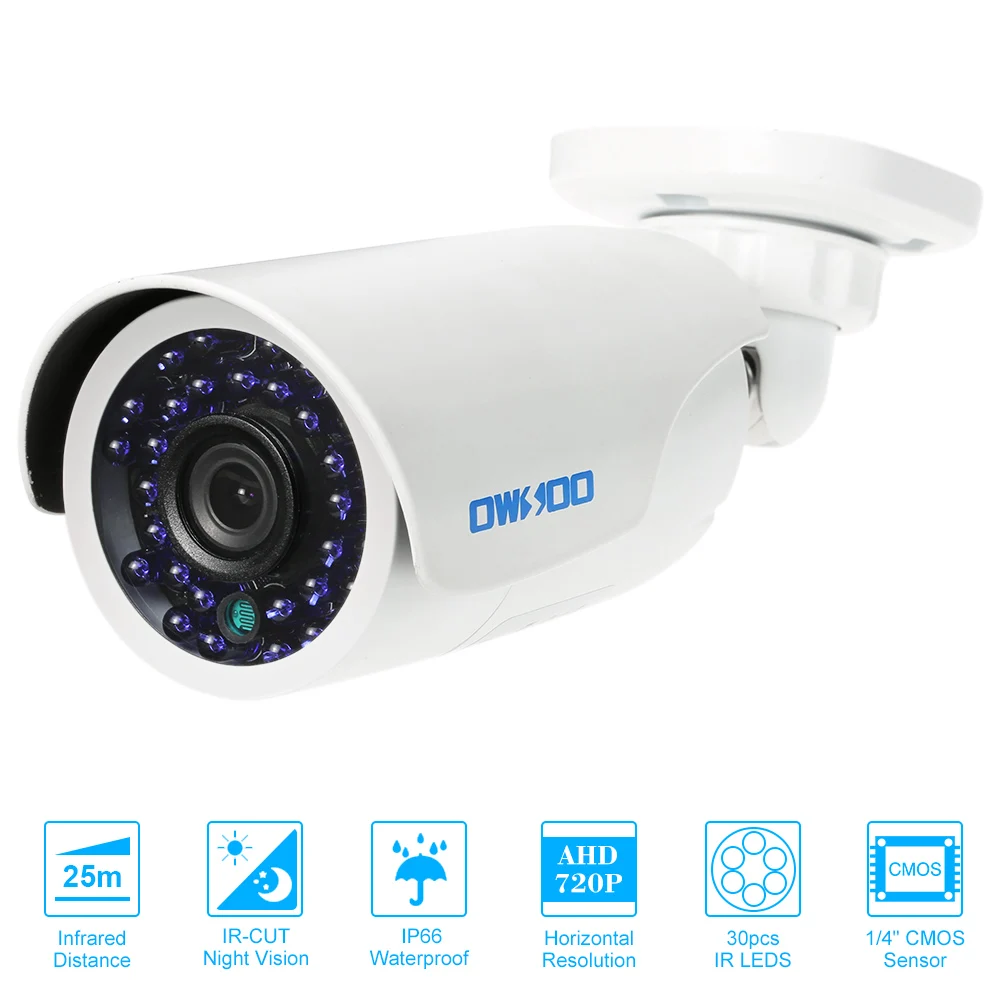 

OWSOO 1500TVL 720P AHD Bullet Waterproof CCTV Camera 1.0MP 3.6mm 1/4 CMOS 30 IR LEDs Night Vision IR-CUT Security PAL System