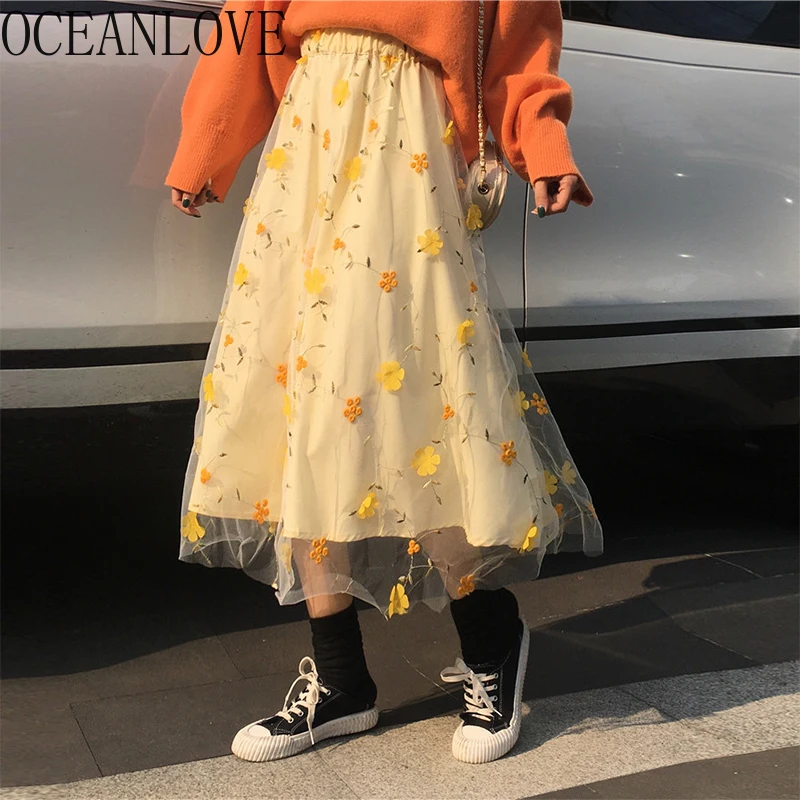 OCEANLOVE 2020 Spring Sweet Flower Long Skirts High Waist Mesh Embroidery Faldas New Vintage A-line Skirt Women 15757 
OCEANLOVE 2020 Spring Sweet Flower Long Skirts High Waist Mesh Embroidery Faldas New Vintage A-line Skirt Women 15757