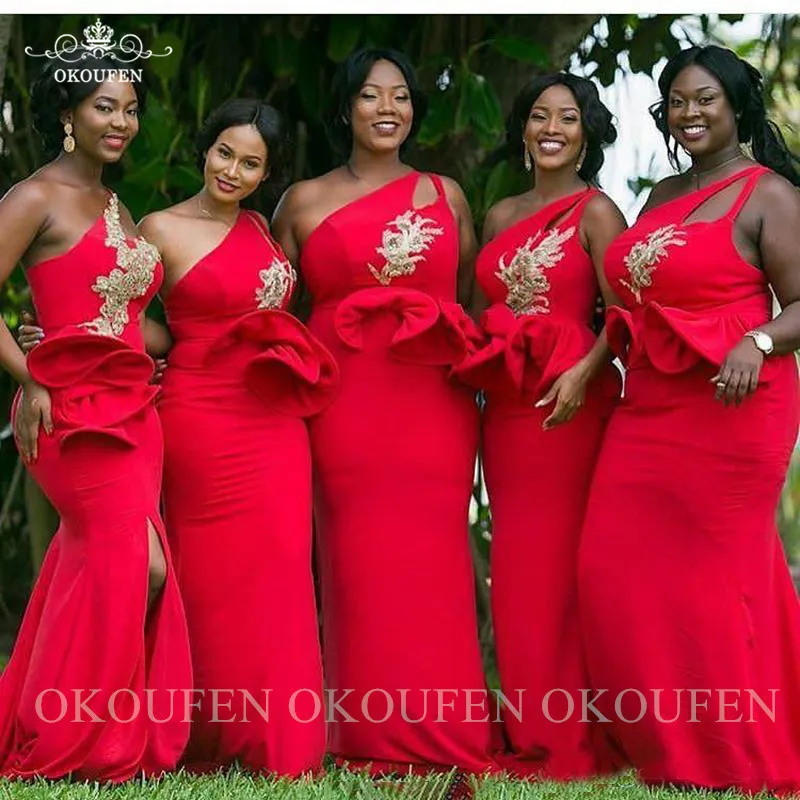 Red One Shoulder Bridesmaid Dresses With Peplum Appliques Split Long Mermaid Wedding Guest Dress For Women Vestido Madrinha
Red One Shoulder Bridesmaid Dresses With Peplum Appliques Split Long Mermaid Wedding Guest Dress For Women Vestido Madrinha