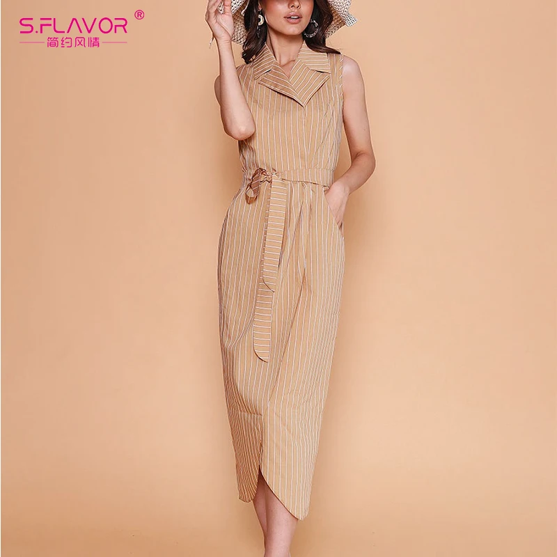 Женское платье-Карандаш S.FLAVOR платье в полоску с отложным воротником без рукавов