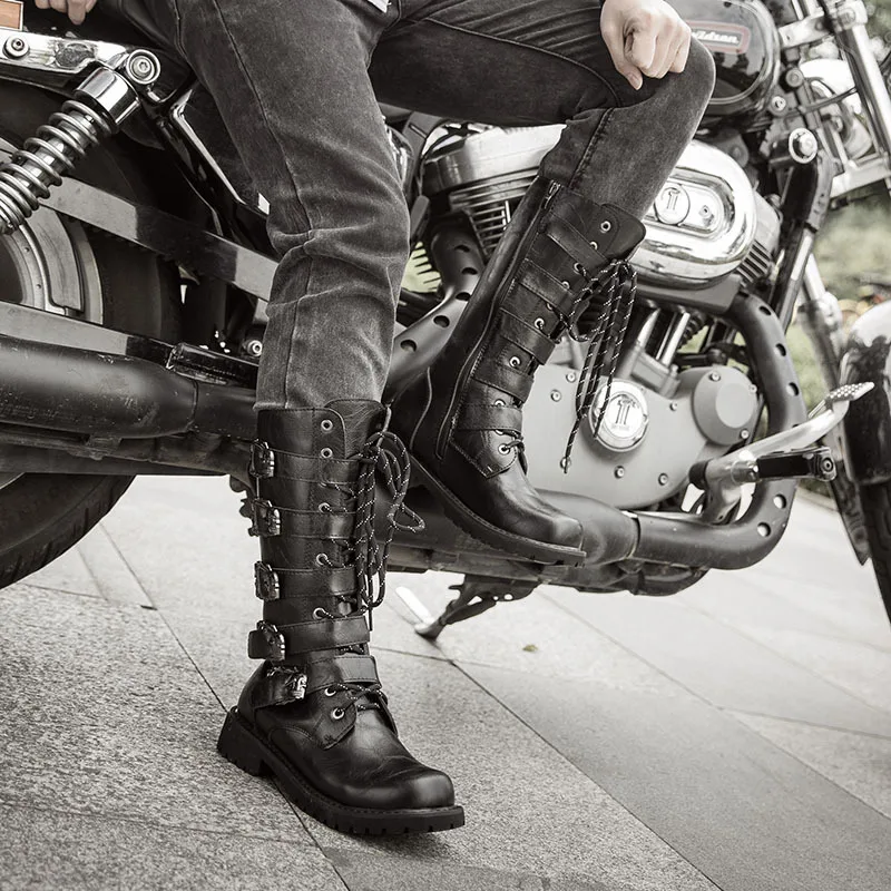 Мужские кожаные мотоциклетные ботинки размеры 38-46 военные до середины икры в