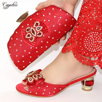 Beautiful red lady slippers with handbag latest shoes and evening bag sets with stones CR168, heel height 6.5cm
Beautiful red lady slippers with handbag latest shoes and evening bag sets with stones CR168, heel height 6.5cm