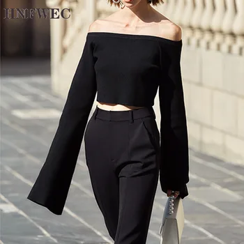 2020 slash collar flare sleeves high waist short knitting spring and summer thin sexy sweatshirt female top V328 
2020 slash collar flare sleeves high waist short knitting spring and summer thin sexy sweatshirt female top V328