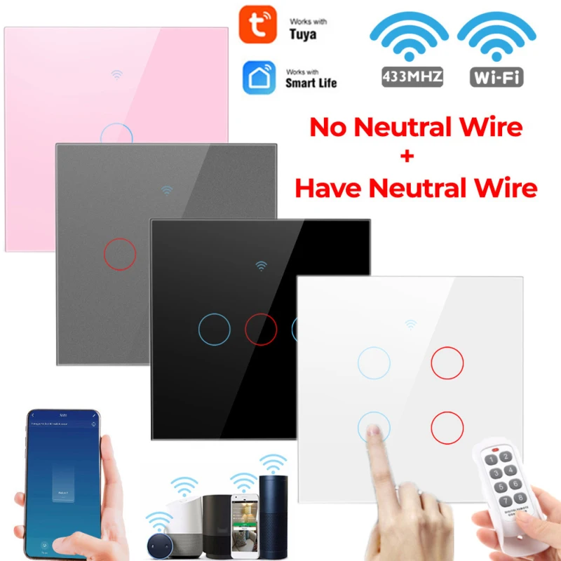 Умный сенсорный выключатель 1/2/2021 Gang TUYA Wi-Fi + 3/4 МГц настенная кнопка светильник