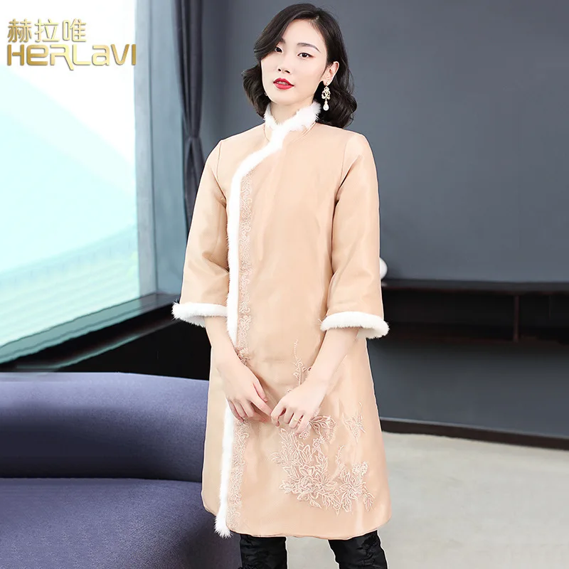 2018 Autumn And Winter New Style Women's Dignified Glorious Joint Rabbit Fur Chinese-style Cotton Overcoat