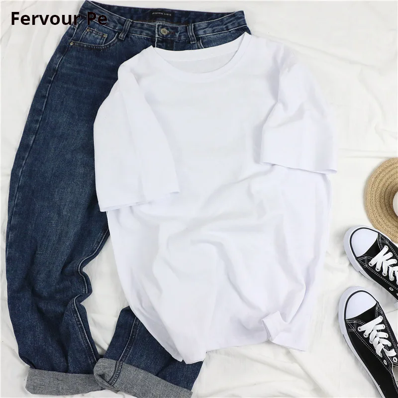 

Women's T-shirt Pure colour Neutral concise style college Cool girl Wild Short sleeve cotton Shirt Female Large Size Loose XXL