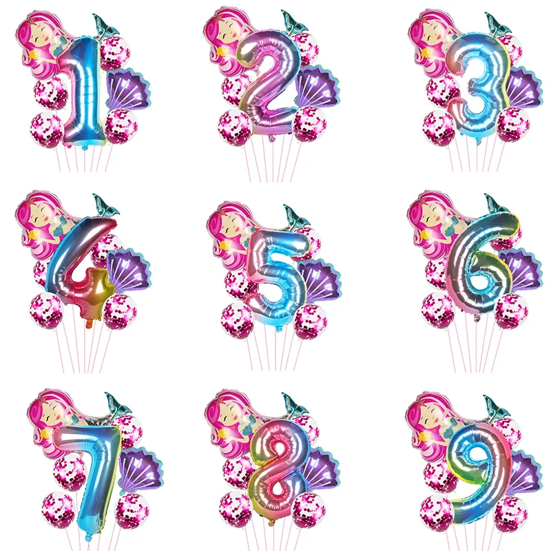 

8pcs Little mermaid party foil balloons with 32inch gradient Number digit balloon balls helium ballons Mermaid Birthday globos