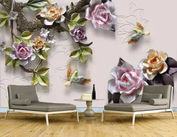 

CJSIR Customize Any Size Wallpaper Mural Embossed Rose Flower Bird TV Background Wall 3d Wallpaper Papel De Parede Home Decor