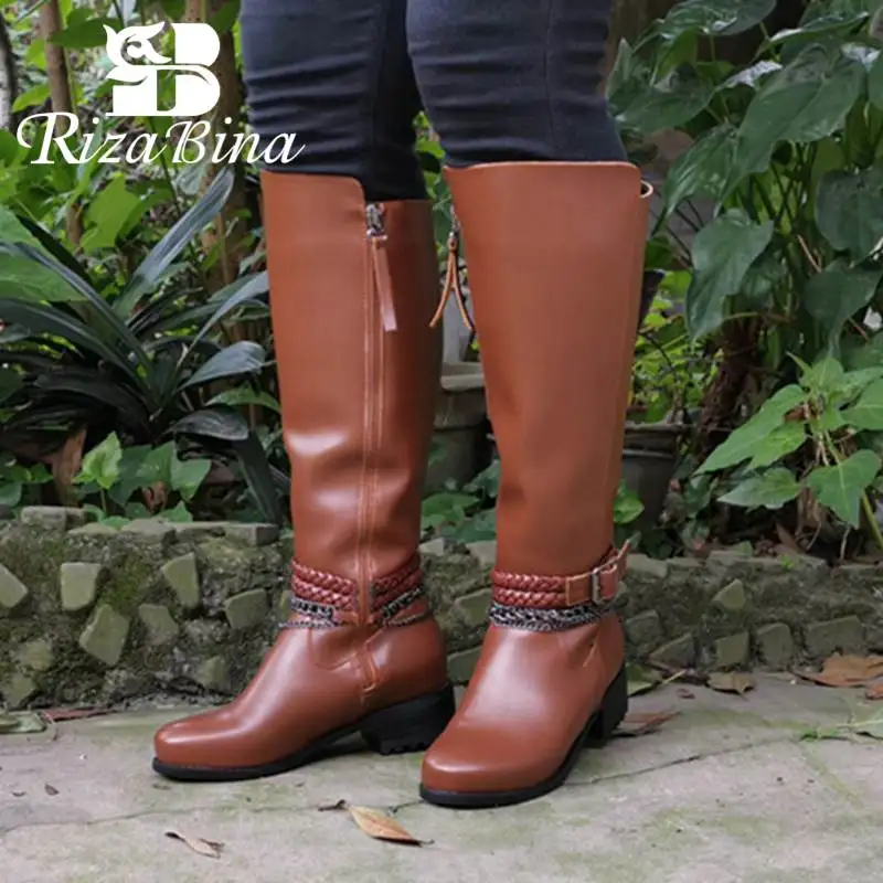 RIZABINA Mid Calf Boots Women Round Toe Thick Heel Zipper Buckle Chain Ridding Boots Brown Winter Autumn Botas Size 34-43
RIZABINA Mid Calf Boots Women Round Toe Thick Heel Zipper Buckle Chain Ridding Boots Brown Winter Autumn Botas Size 34-43