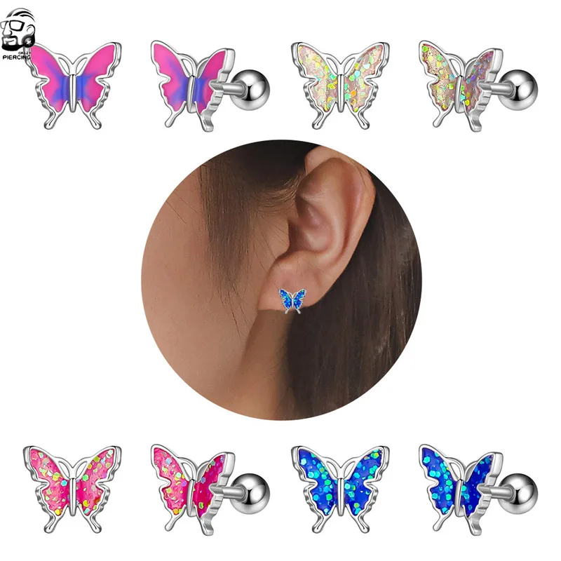 

1pc Hypoallergenic Butterfly Ear Studs Earrings For Girls 16G Gem Stainless Steel Helix Cartilage Labret Lip Stud Daith Earring