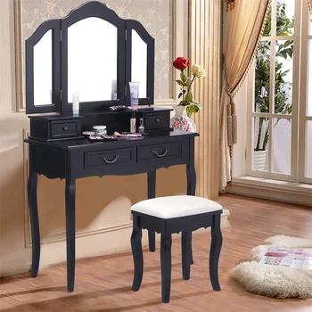 Vanity Makeup Dressing Table with Tri Folding Mirror + 4 Drawers Tri-fold Mirror Makeup Desk with MDF and Wood Legs
Vanity Makeup Dressing Table with Tri Folding Mirror + 4 Drawers Tri-fold Mirror Makeup Desk with MDF and Wood Legs