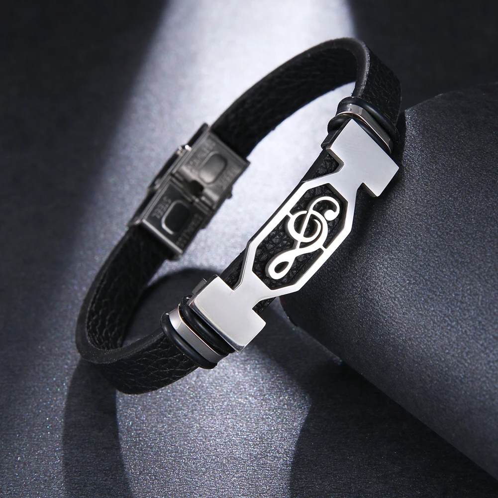 Мужской кожаный браслет с музыкальным символом Винтажный Браслет манжета из