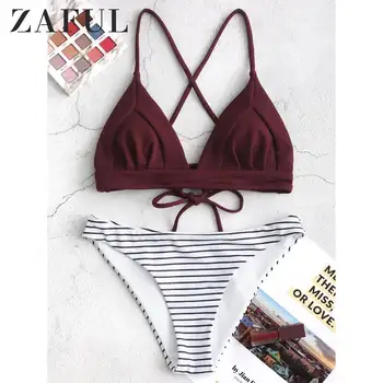 

ZAFUL Striped High-waisted Bikini Set Sexy Lace Up Padded Swimsuit Two Pieces Criss Cross Swimwear Women 2020 Beach Bathing Suit