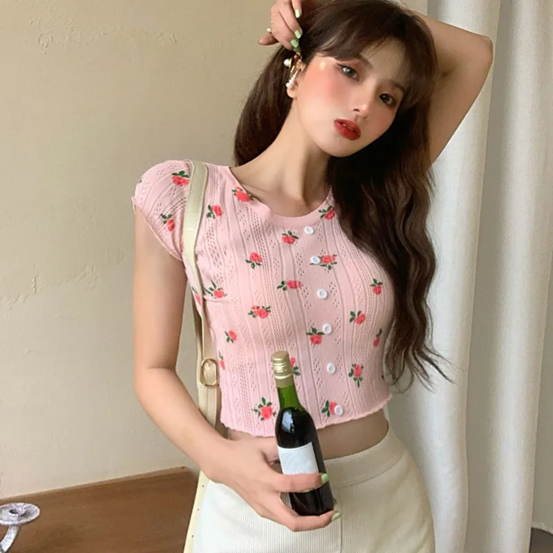 Summer Sweet Girls Exposed Navel T Shirt Women Flower Print Short Tee Shirts Fashion Short Sleeve O Neck Knitted Crop Tops
Summer Sweet Girls Exposed Navel T Shirt Women Flower Print Short Tee Shirts Fashion Short Sleeve O Neck Knitted Crop Tops