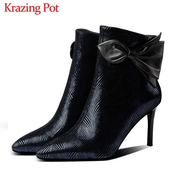 Krazing Pot genuine leather elegant bowtie pointed toe stiletto high heels side zip winter mature women gorgeous ankle boots L96 
Krazing Pot genuine leather elegant bowtie pointed toe stiletto high heels side zip winter mature women gorgeous ankle boots L96