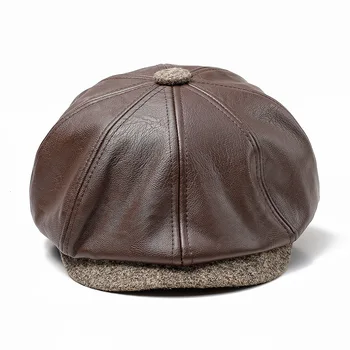 

PU leather hat 2019 autumn and winter new European and American octagonal cap middle-aged warm octagonal hat 14124