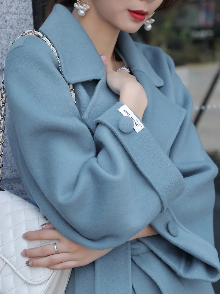 Внесезонное специальное синее двустороннее кашемировое пальто женсветильник