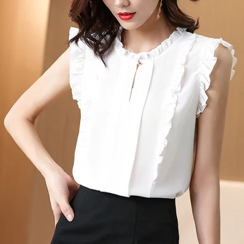 Elegant Fashion Real Silk Women Tops Blouses Ruffles Stand Collar Sleeveless Blouse 100% Natural Silk Office Lady White Shirt 
Elegant Fashion Real Silk Women Tops Blouses Ruffles Stand Collar Sleeveless Blouse 100% Natural Silk Office Lady White Shirt