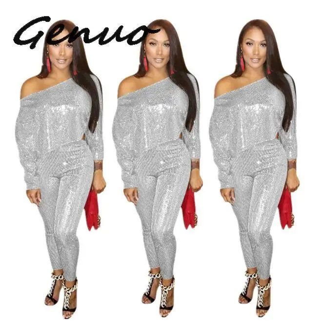 

Genuo New Spring 2019 High Quality Women 2-Pieces Solid Long Jumpsuits Bodycon Slash Neck Full Sleeve Lady Hollow Out Jumpsuits