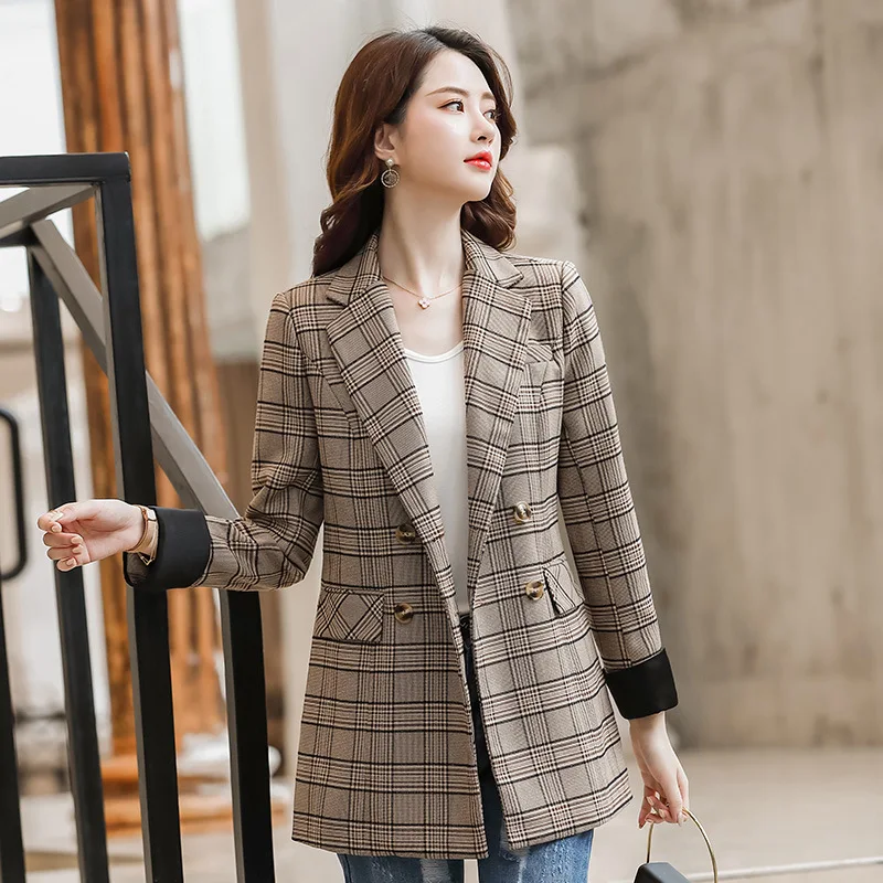 

Plaid Suit Jacket Women's Korean-style 2019 Autumn Clothing New Style Casual Slimming Elegant Women's Mid-length Long Sleeve Sui